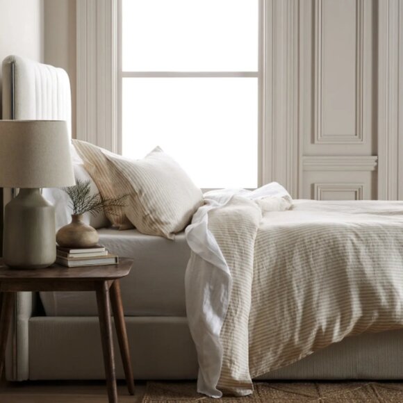 Quince European Linen King Duvet Cover With Shams - Natural / White Stripes 3 pc - Picture 3 of 10